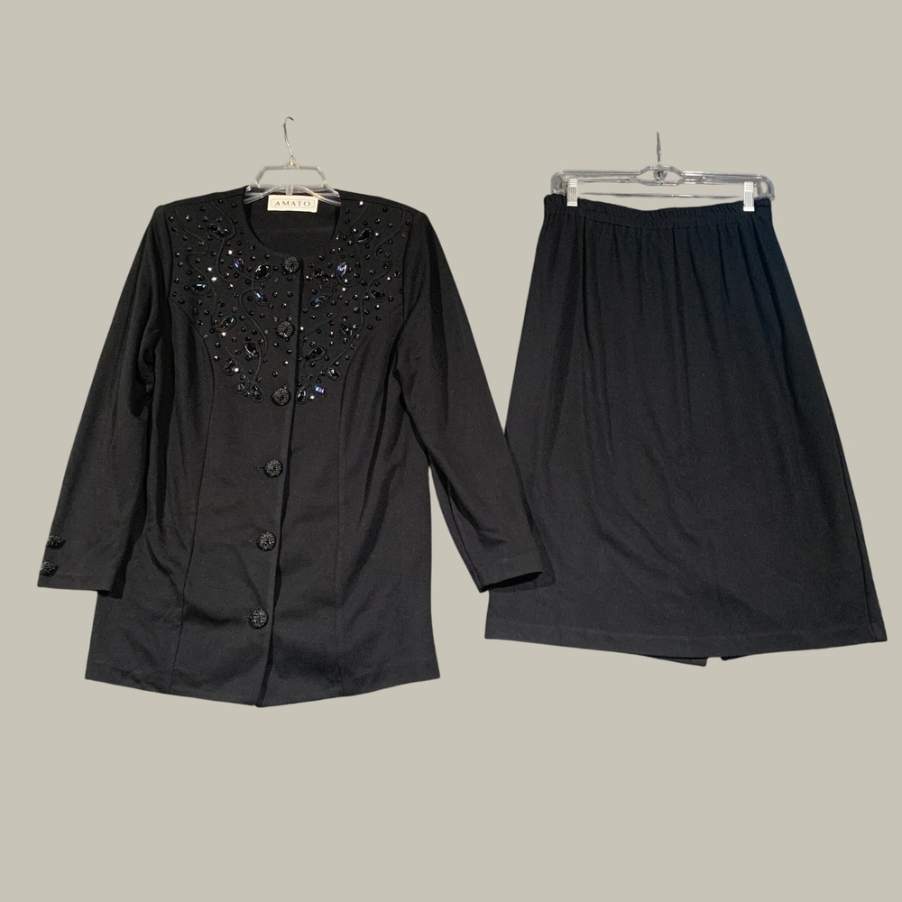 Amato Skirt Suit Womens 14 Black Beaded Sequin 2pc Set Vintage Evening Church